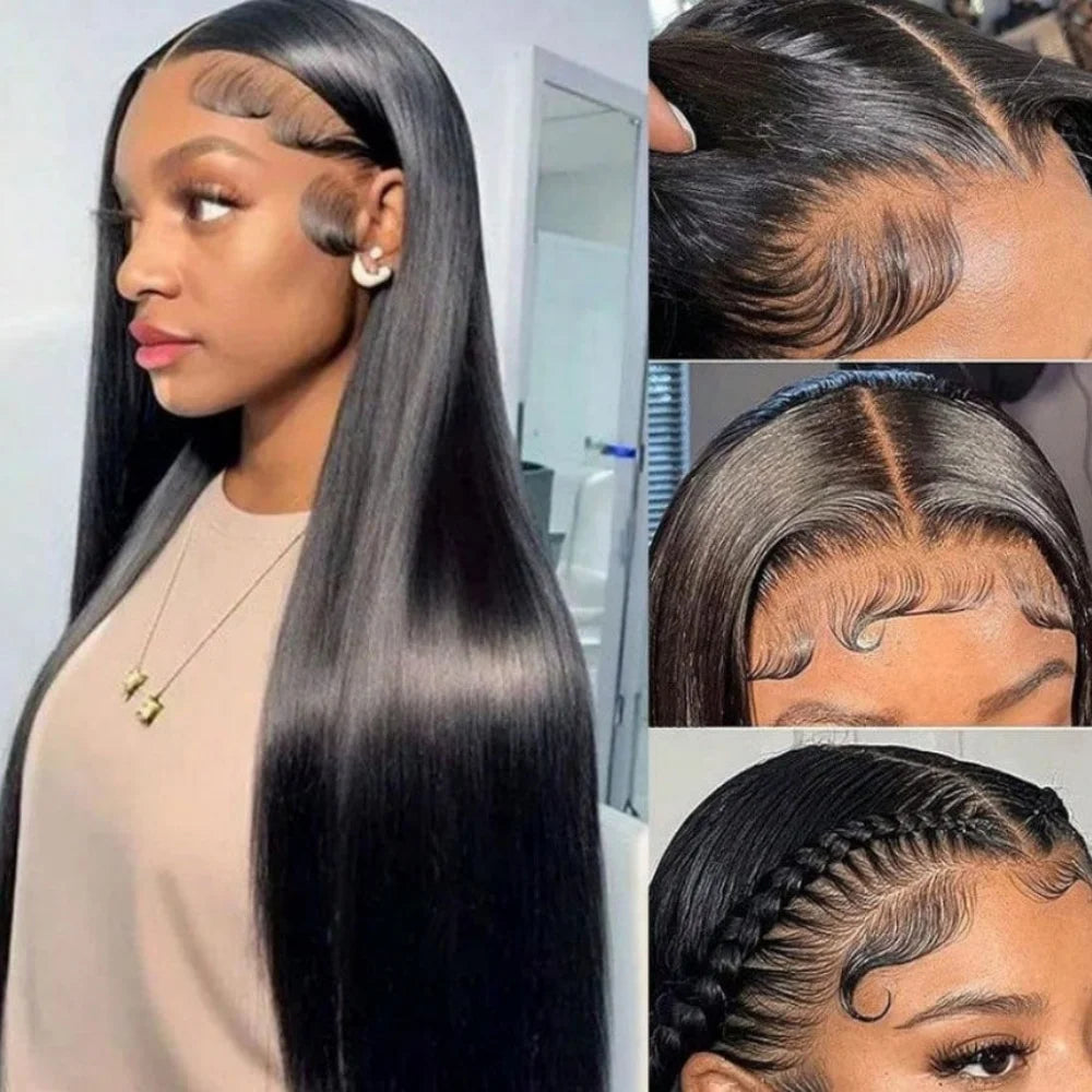 42 Inch Straight Lace Front Wig Pre Plucked Natural Hairline Soft Smooth Black Human Hair Wig For Women