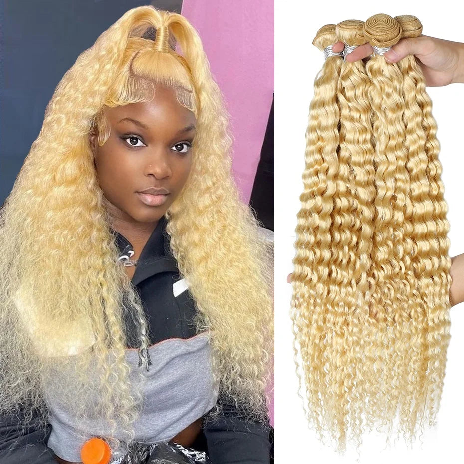 8-32 inch Deep Wave Human Hair Bundles Remy Brazilian Hair 613 Blonde Colored Deep Wave 1/3/4 Bundles Deals Human Hair Extension