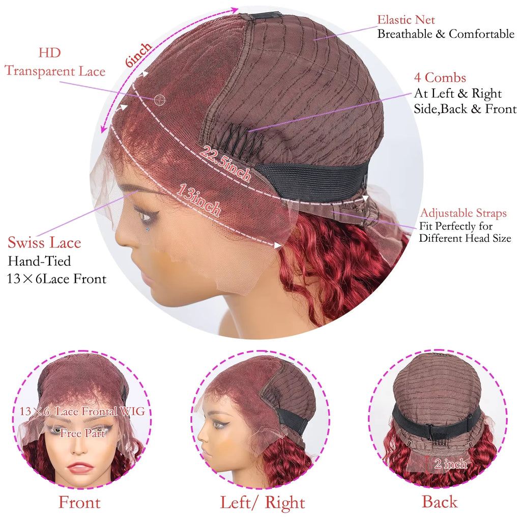200% Burgundy 13x6 HD Wet And Wavy Lace Frontal Human Hair Wig Brazilian 40 Inch Colored 99j Curly Wigs Deep Wave Lace Front Wig
