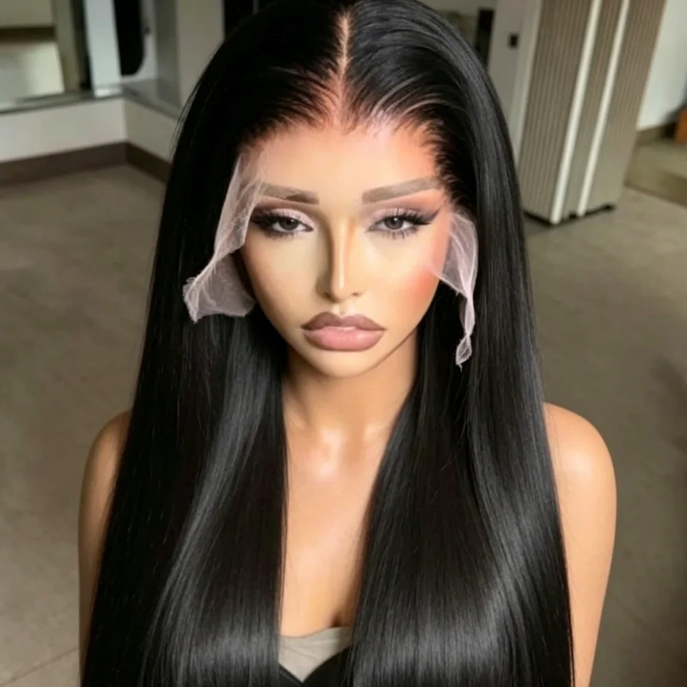 42 Inch Straight Lace Front Wig Pre Plucked Natural Hairline Soft Smooth Black Human Hair Wig For Women