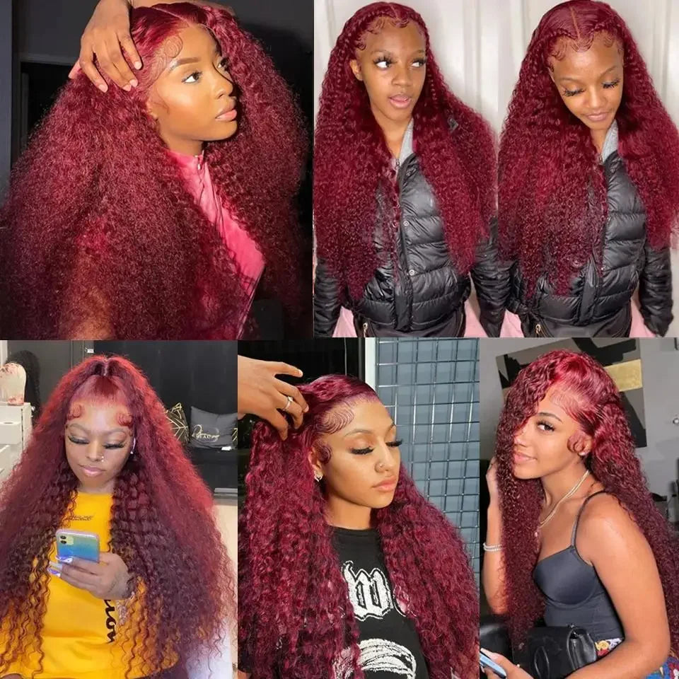 200% Burgundy 13x6 HD Wet And Wavy Lace Frontal Human Hair Wig Brazilian 40 Inch Colored 99j Curly Wigs Deep Wave Lace Front Wig