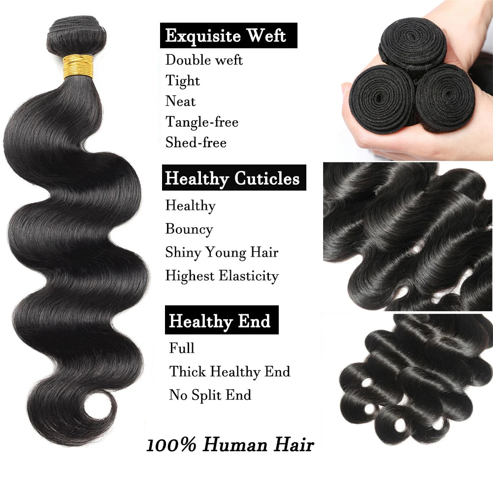 Newmi 30 Inch Body Wave Human Hair Bundles 12A Unprocessed Brazilian Virgin 100% Human Hair Extensions Natural Black For Women