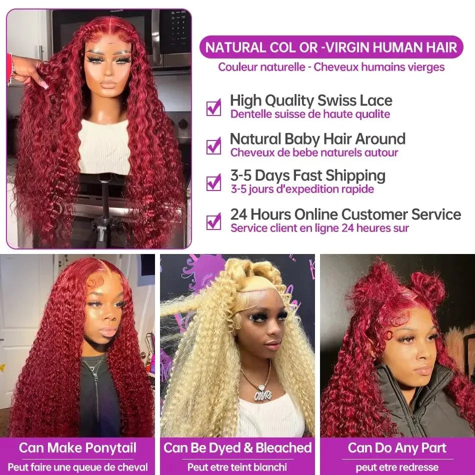200% Burgundy 13x6 HD Wet And Wavy Lace Frontal Human Hair Wig Brazilian 40 Inch Colored 99j Curly Wigs Deep Wave Lace Front Wig